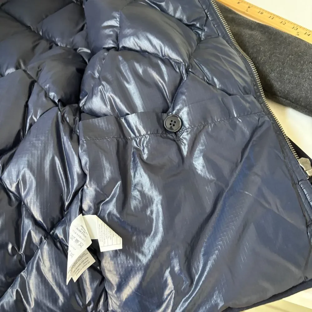 J CREW Burbridge Mixed Media Parka Coat Heavy Quilted Winter Navy Gray Sz S
